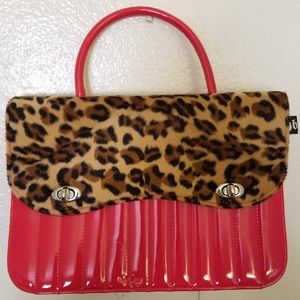 HBNYC Red handbag w/ faux cheetah print fur.